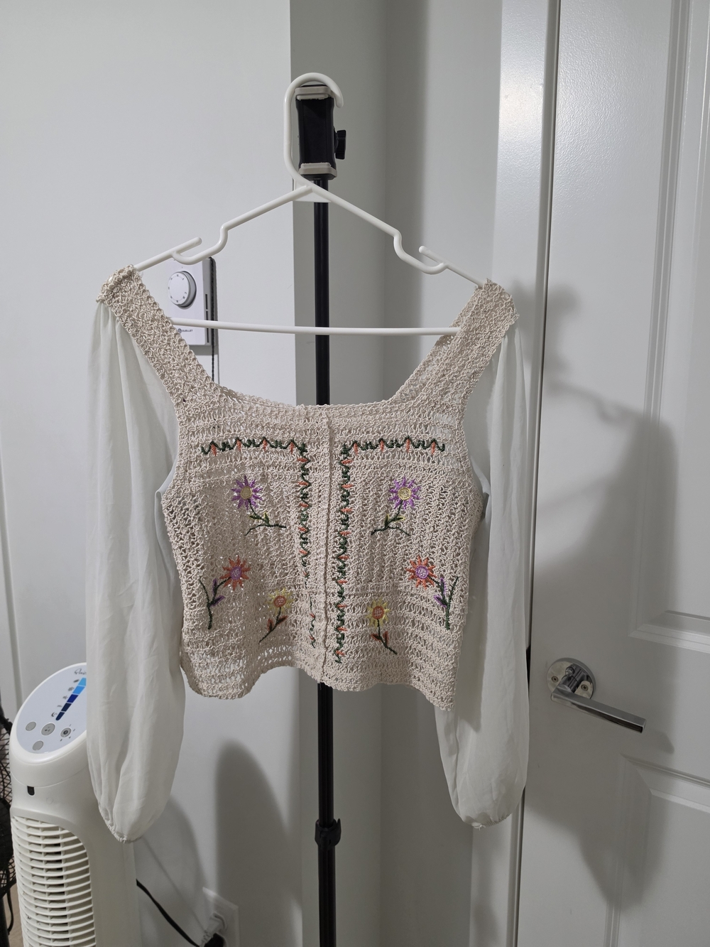 Boho Crochet Floral Square-Neck Top in Cream